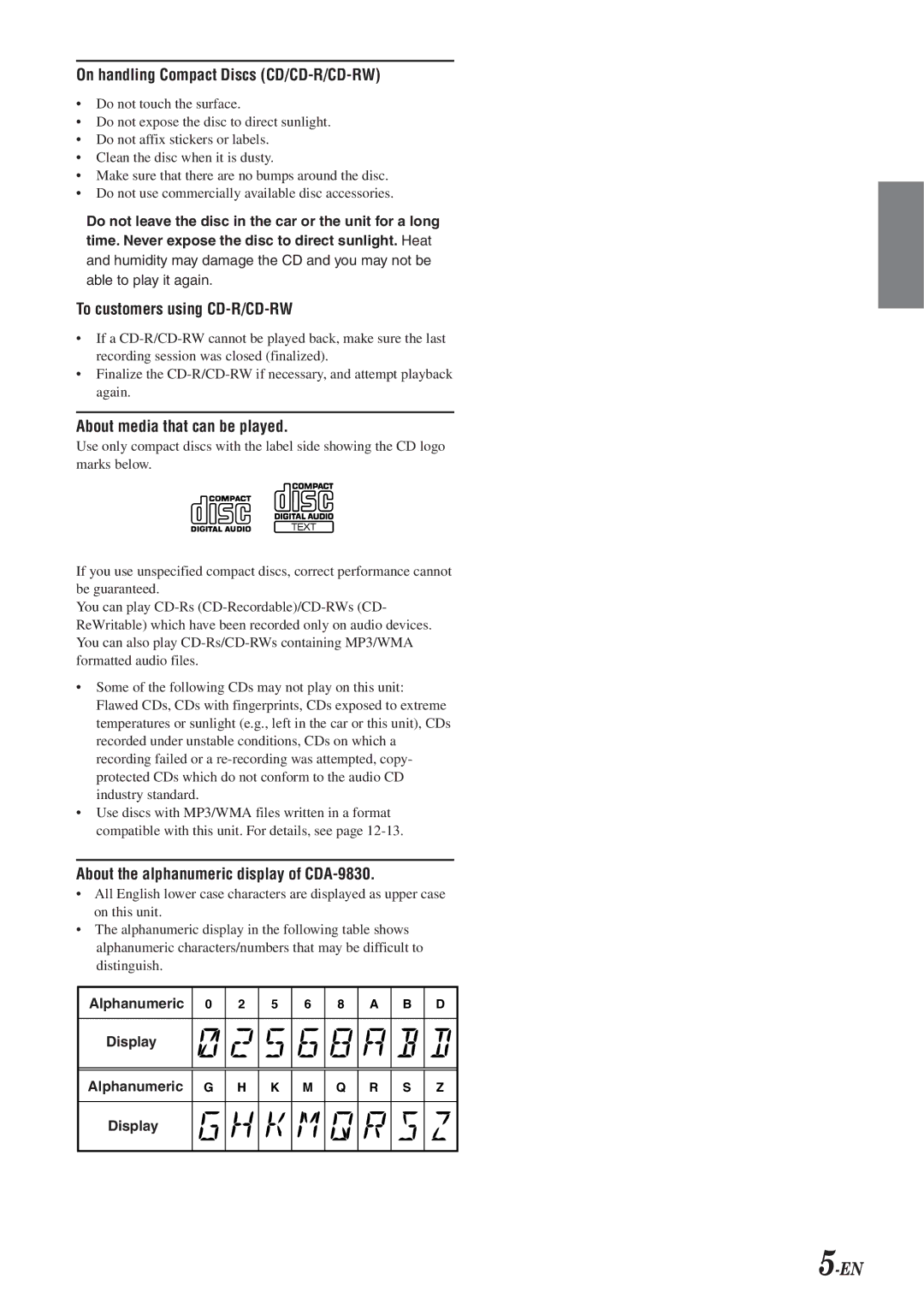 Alpine CDA-9831, CDA-9830 owner manual Display Alphanumeric 