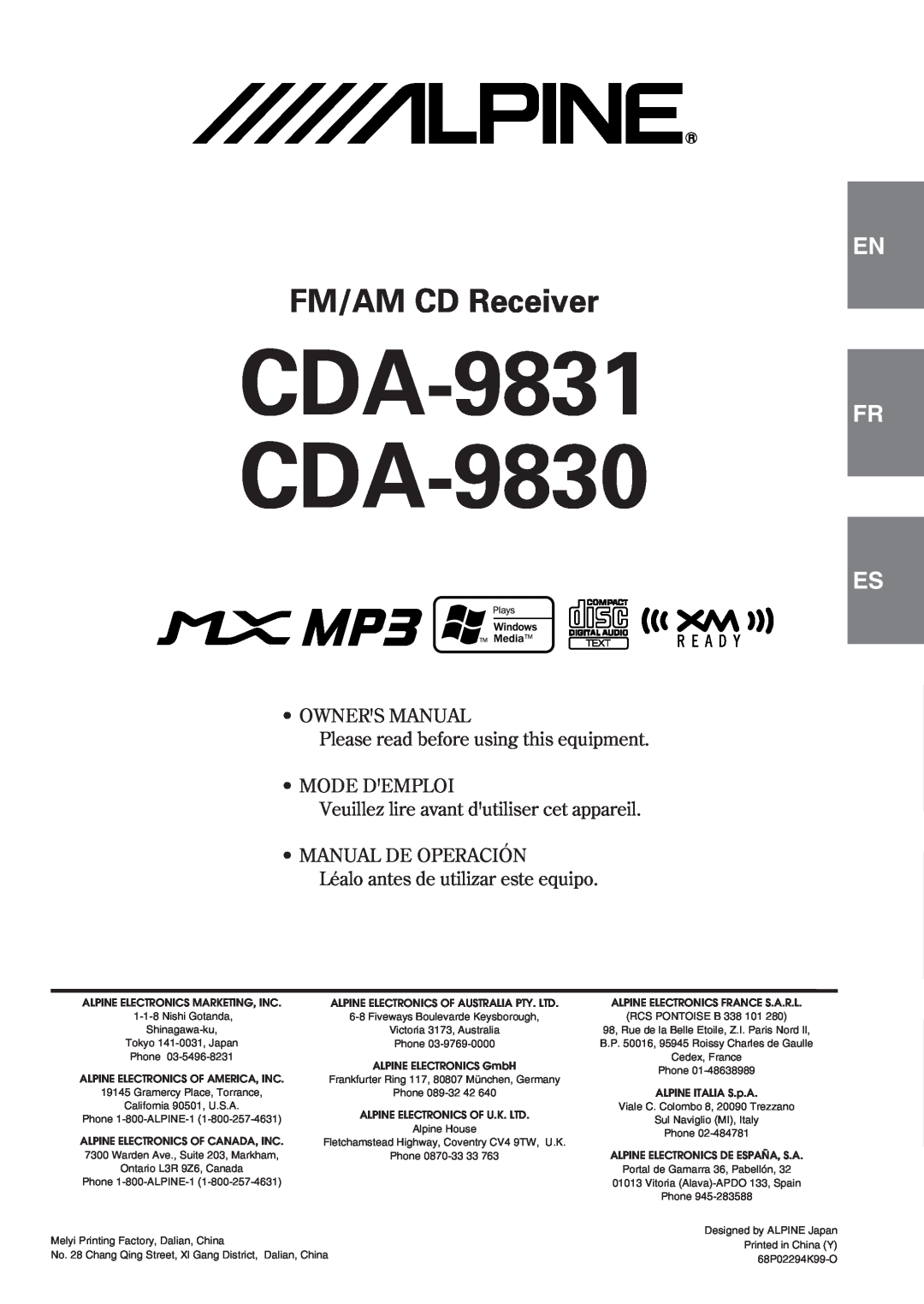 Alpine owner manual CDA-9831 CDA-9830, FM/AM CD Receiver, Es Es It, Please read before using this equipment 