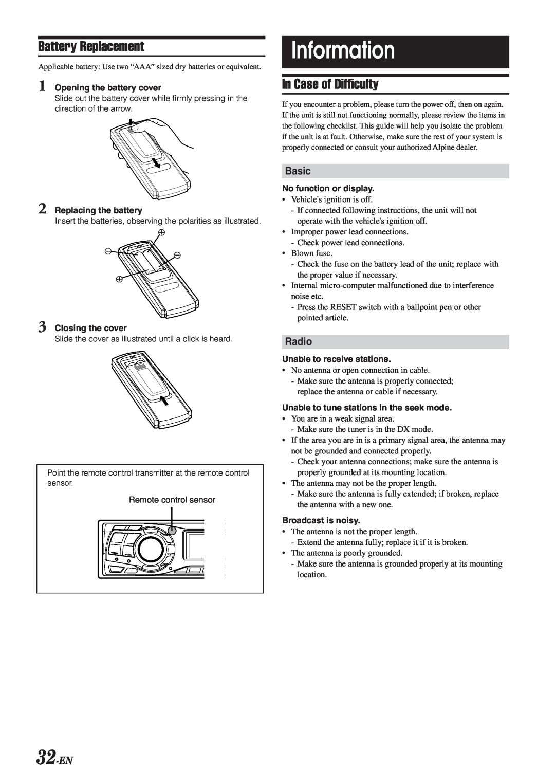 Alpine CDA-9830, CDA-9831 owner manual Information, Battery Replacement, In Case of Difficulty, Basic, Radio, 32-EN 