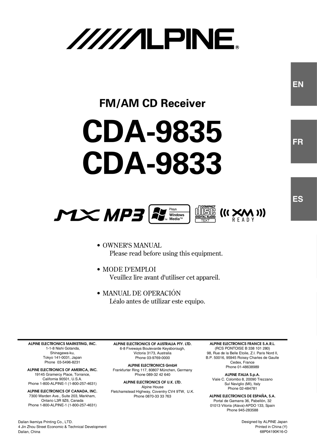 Alpine owner manual CDA-9835 CDA-9833 