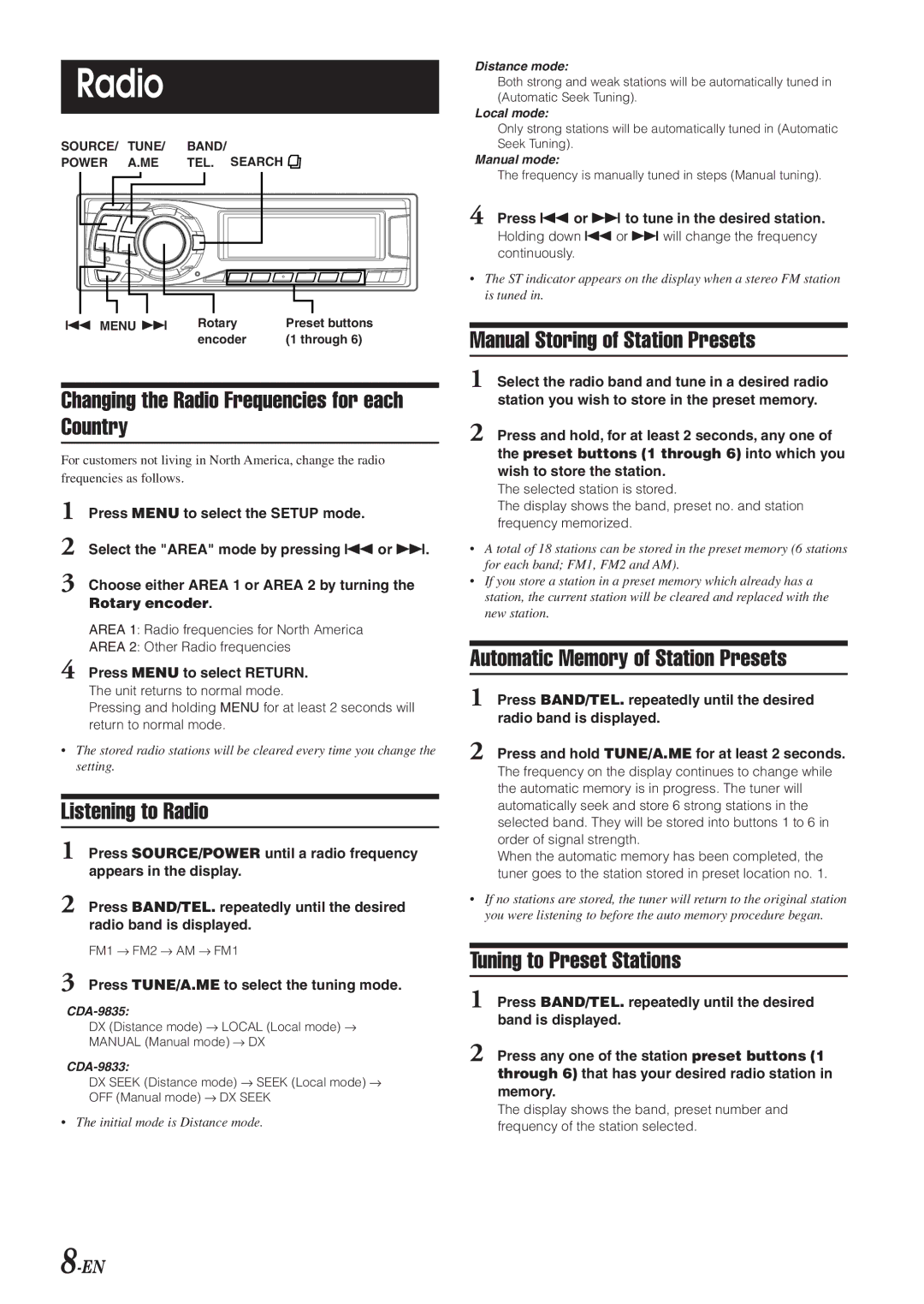 Alpine CDA-9833 owner manual Radio 