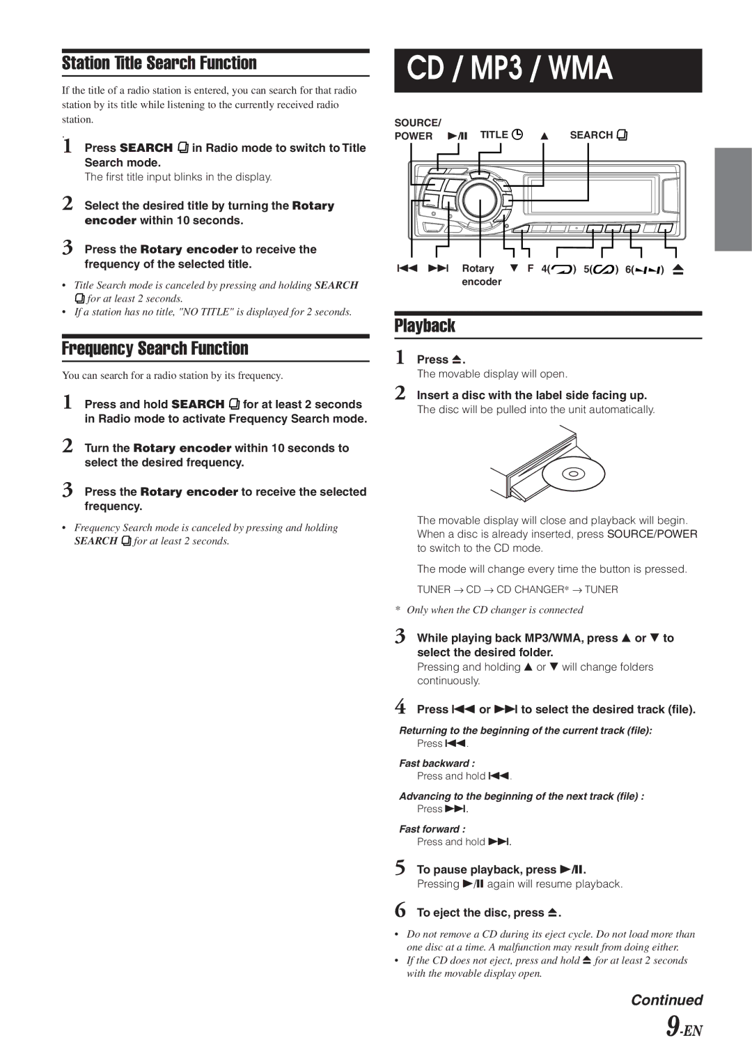 Alpine CDA-9833 owner manual CD / MP3 / WMA, Press gor fto select the desired track file, To pause playback, press -/J 