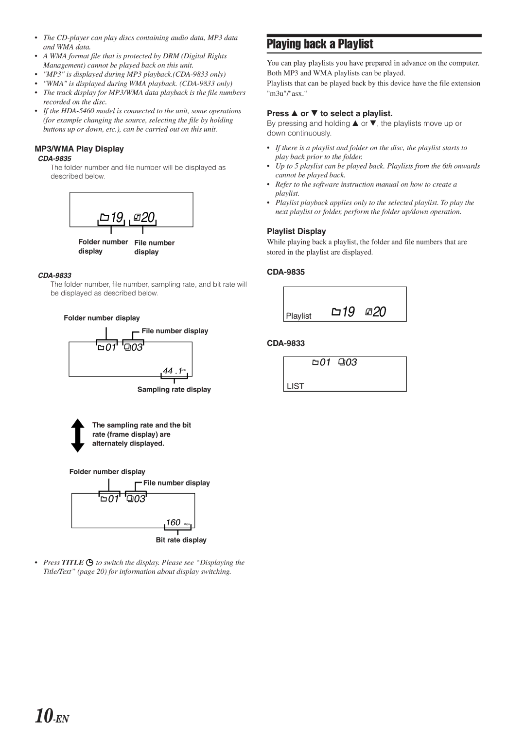 Alpine CDA-9833 owner manual Playing back a Playlist, 10-EN 