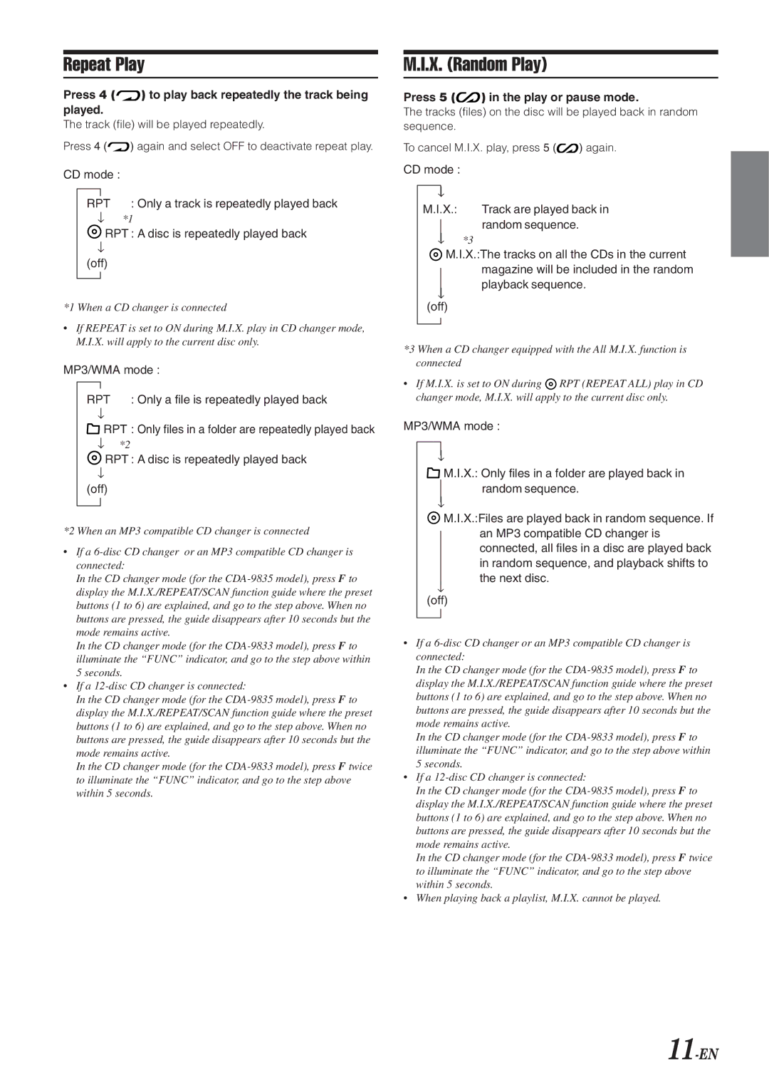 Alpine CDA-9833 owner manual Repeat Play, X. Random Play, 11-EN, Press 4 to play back repeatedly the track being played 