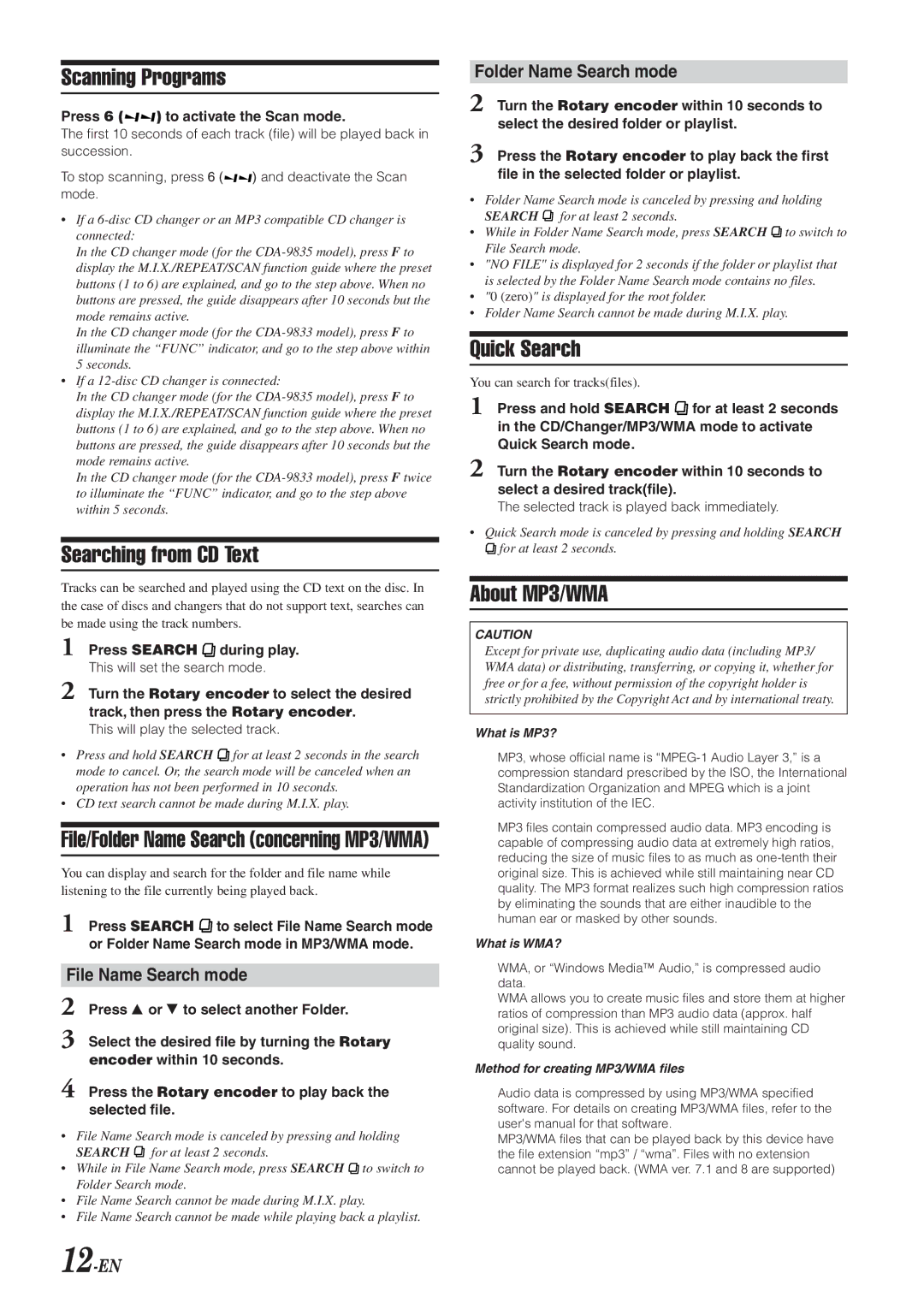 Alpine CDA-9833 owner manual Scanning Programs, Searching from CD Text, Quick Search, About MP3/WMA 