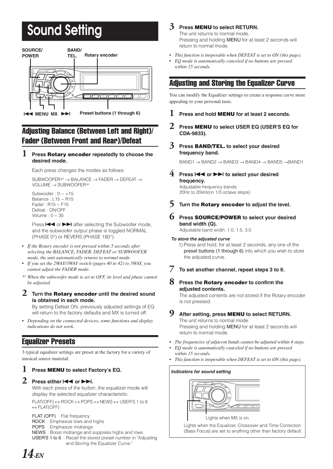 Alpine CDA-9833 owner manual Sound Setting, Equalizer Presets, Adjusting and Storing the Equalizer Curve, 14-EN 