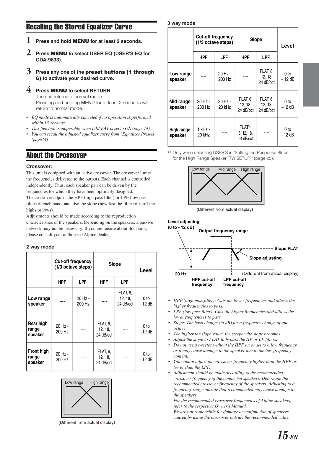 Alpine CDA-9833 owner manual Recalling the Stored Equalizer Curve, About the Crossover, 15-EN, Way mode 