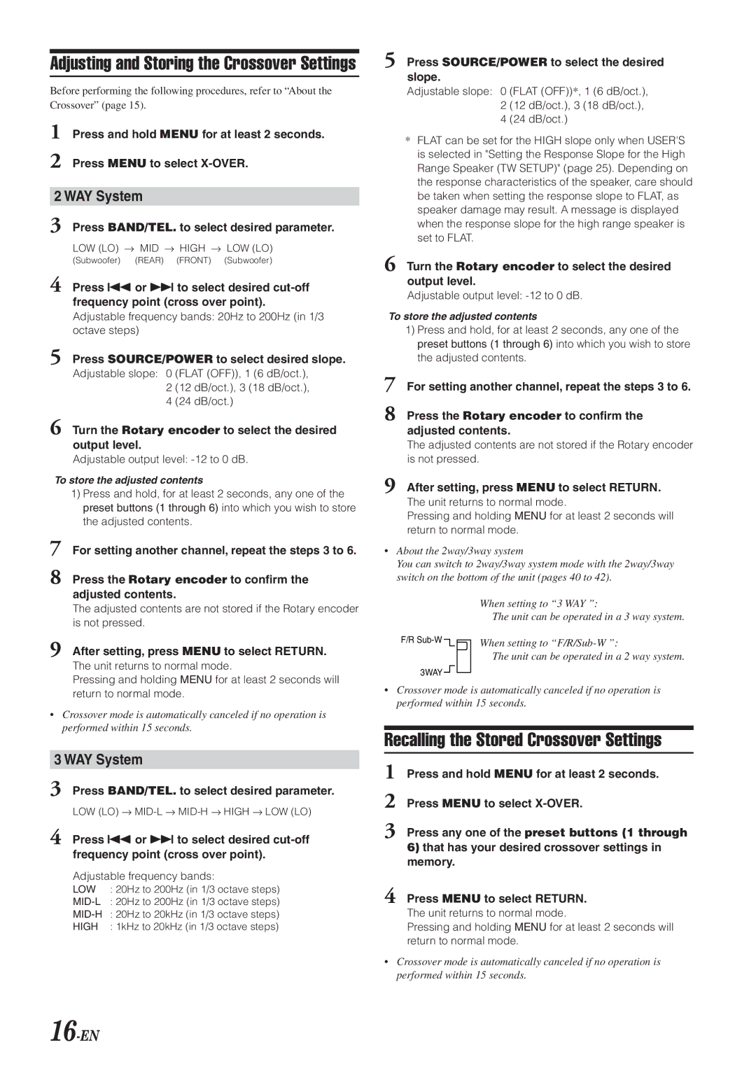 Alpine CDA-9833 owner manual Recalling the Stored Crossover Settings, WAY System, 16-EN 