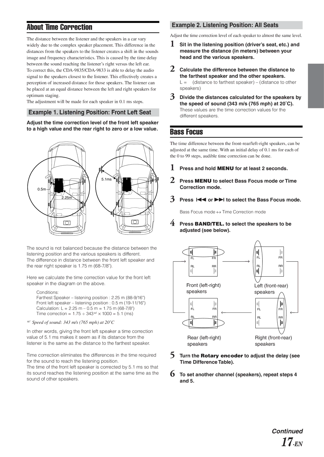 Alpine CDA-9833 owner manual About Time Correction, Bass Focus, Example 1. Listening Position Front Left Seat, 17-EN 