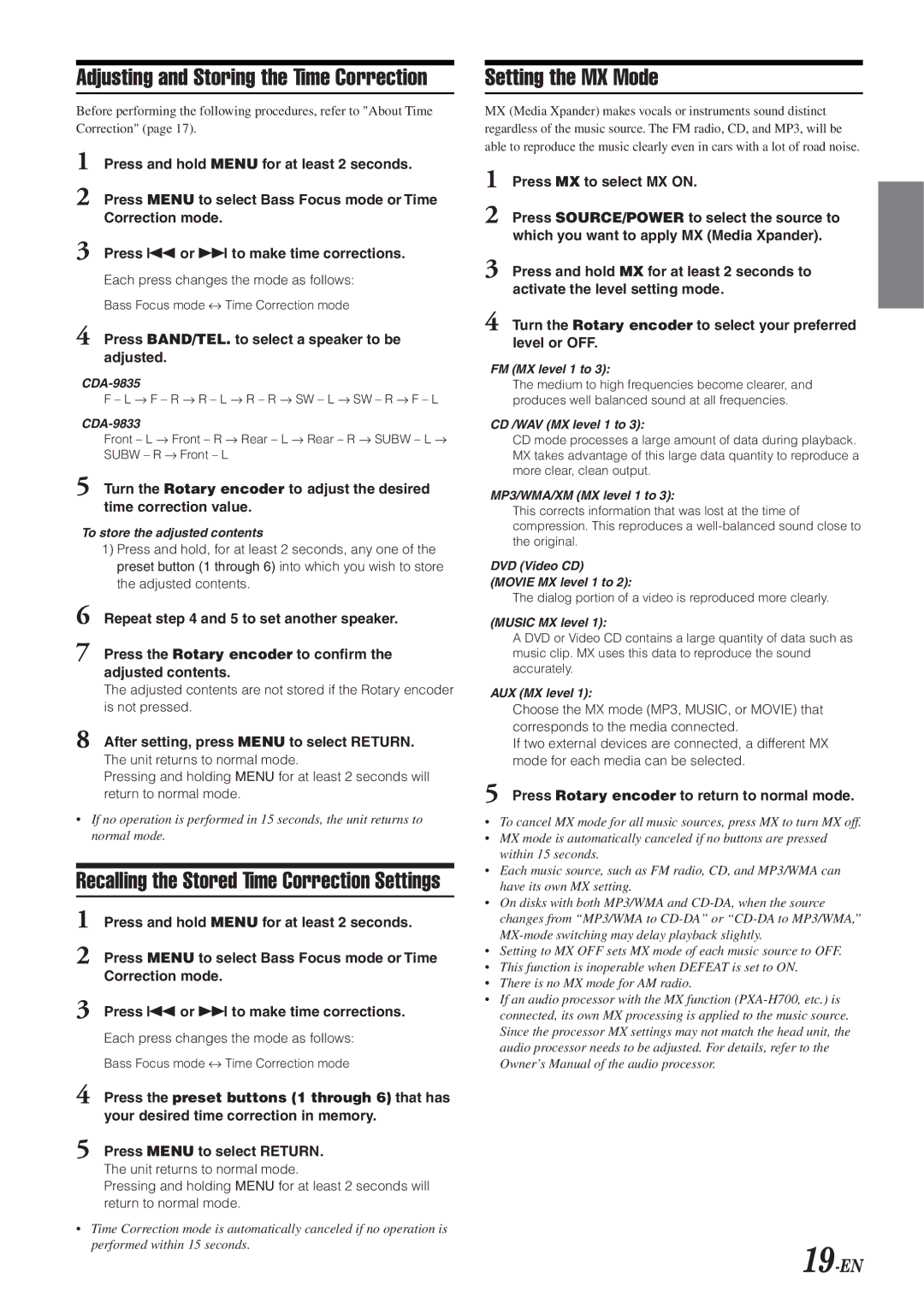 Alpine CDA-9833 owner manual Adjusting and Storing the Time Correction, Setting the MX Mode, 19-EN 