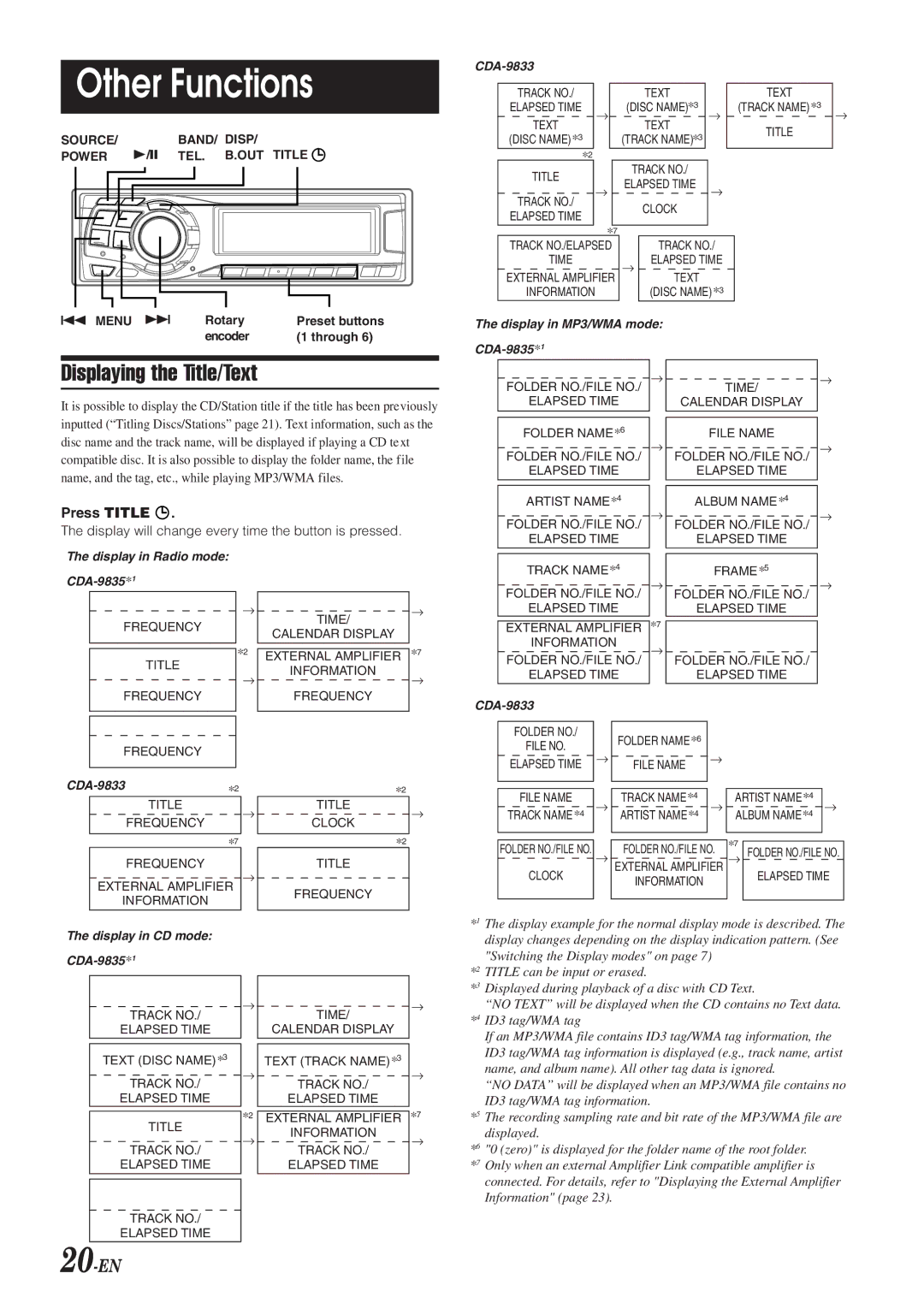 Alpine CDA-9833 owner manual Other Functions, Displaying the Title/Text, 20-EN, Press Title 