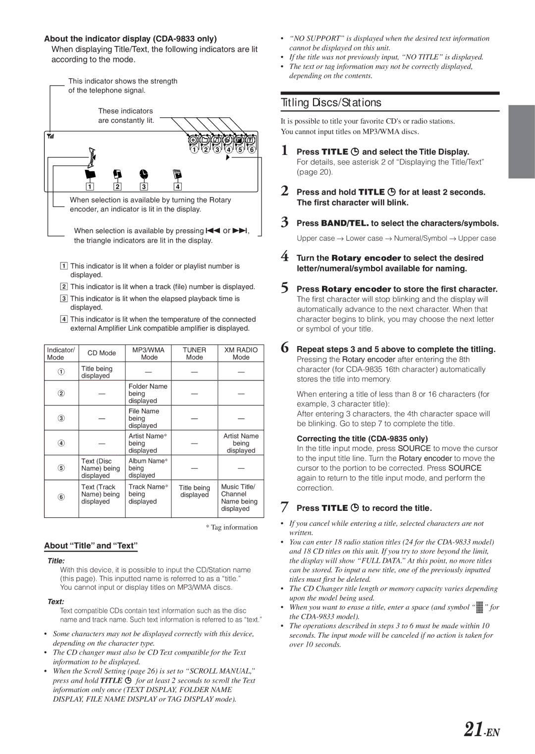 Alpine CDA-9833 owner manual Titling Discs/Stations, 21-EN 