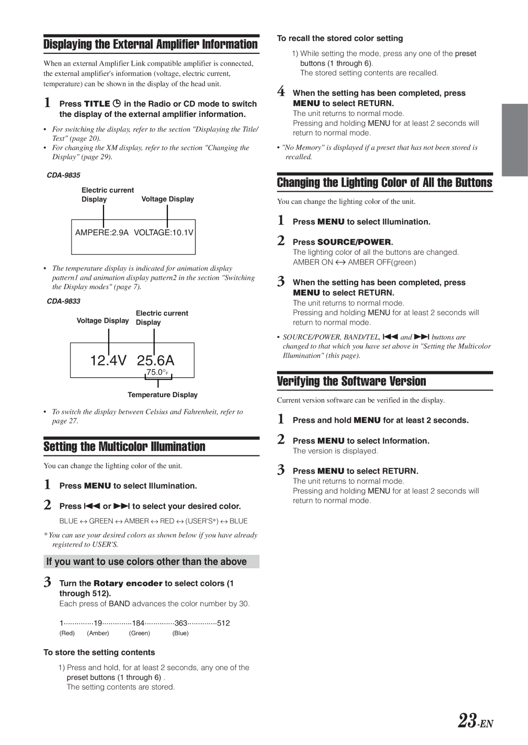 Alpine CDA-9833 owner manual Setting the Multicolor Illumination, Verifying the Software Version, 23-EN 