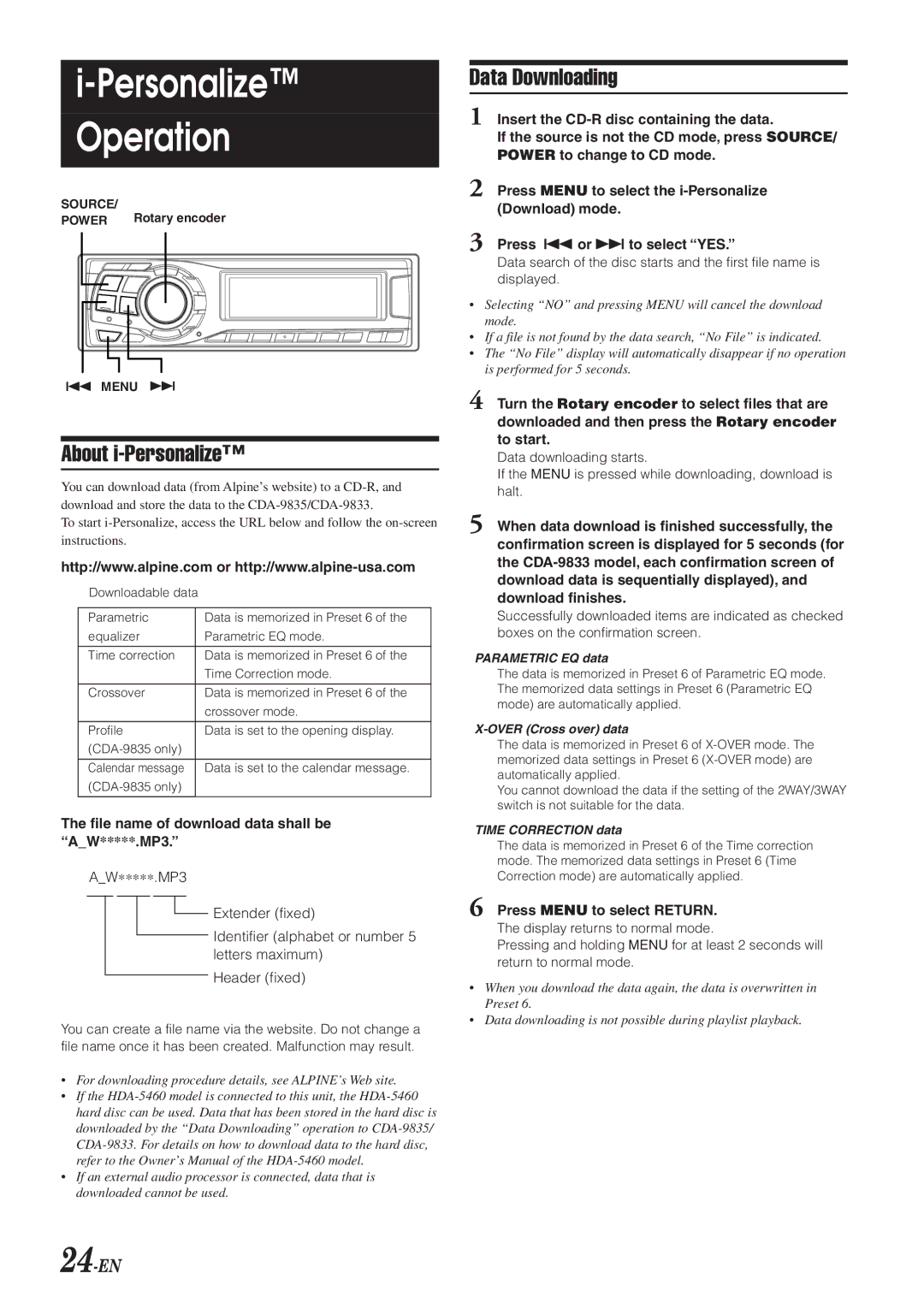 Alpine CDA-9833 owner manual About i-Personalize, Data Downloading, 24-EN, File name of download data shall be AW*****.MP3 