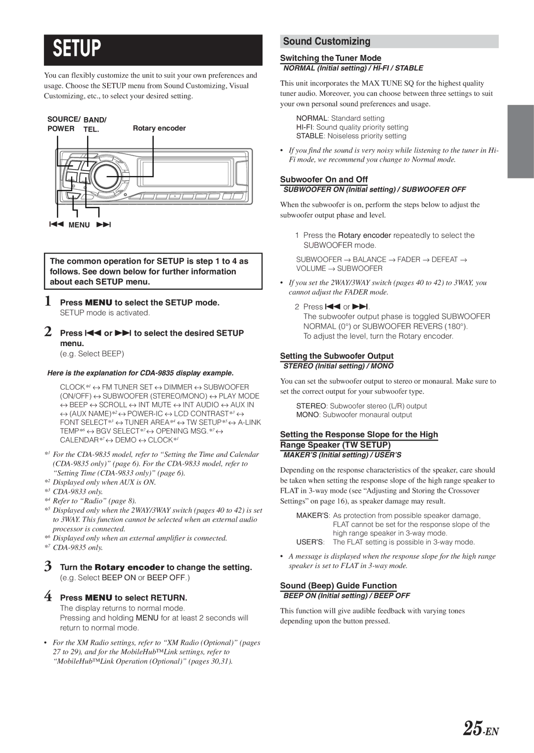 Alpine CDA-9833 owner manual Sound Customizing, 25-EN 