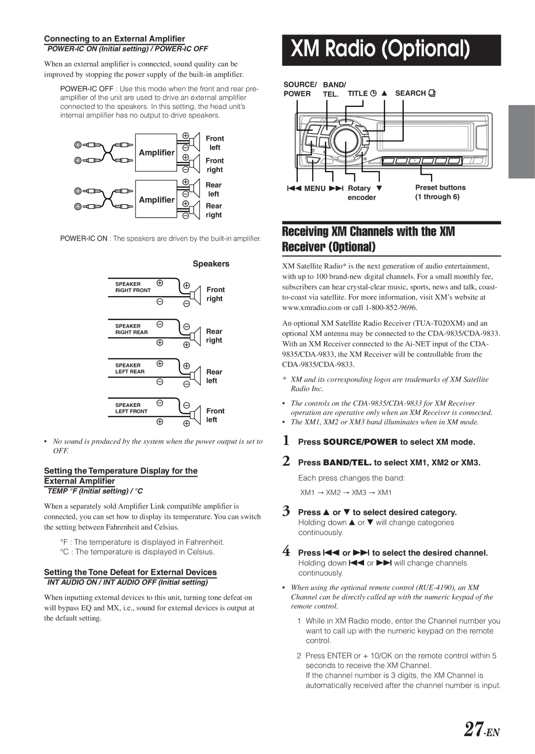 Alpine CDA-9833 owner manual XM Radio Optional, Receiving XM Channels with the XM Receiver Optional, 27-EN 