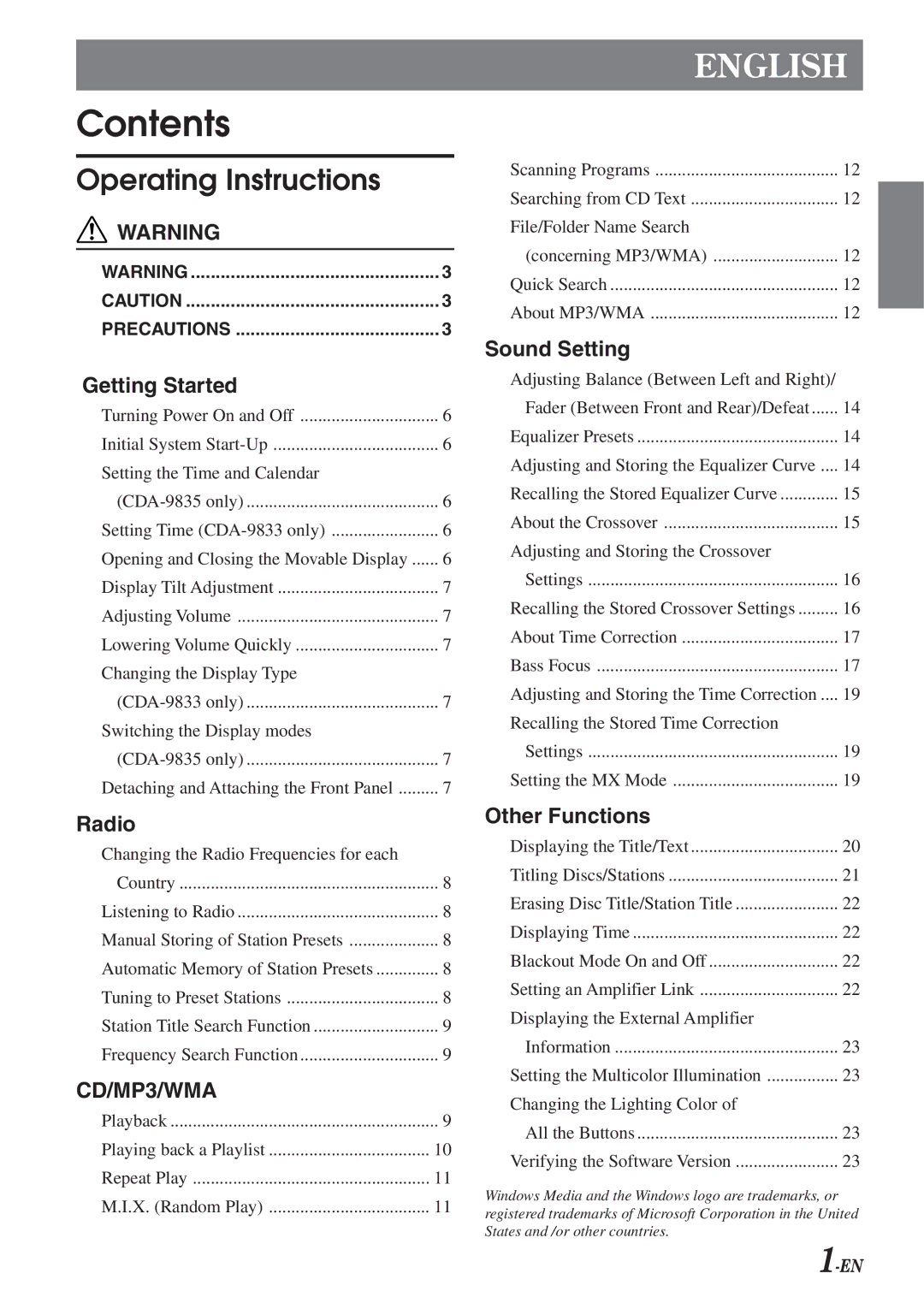 Alpine CDA-9833 owner manual Contents 