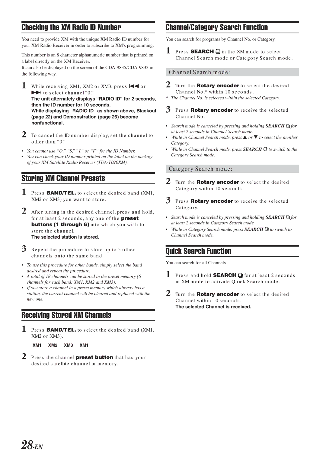 Alpine CDA-9833 owner manual Checking the XM Radio ID Number, Storing XM Channel Presets, Receiving Stored XM Channels 