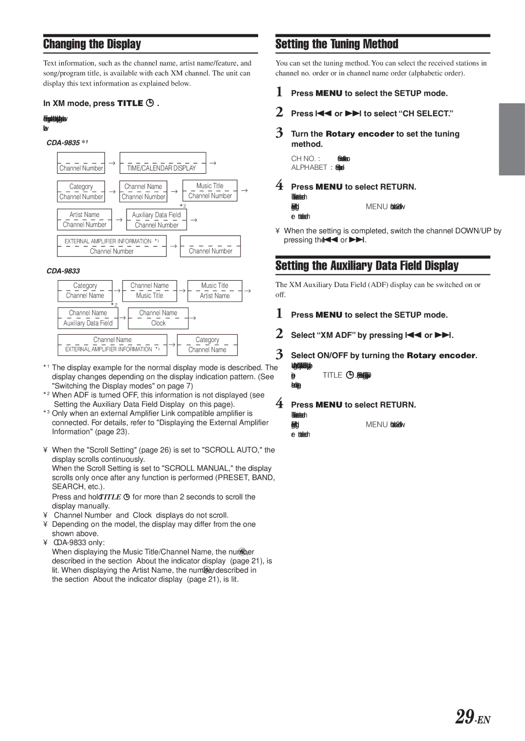 Alpine CDA-9833 Changing the Display, Setting the Tuning Method, Setting the Auxiliary Data Field Display, 29-EN 