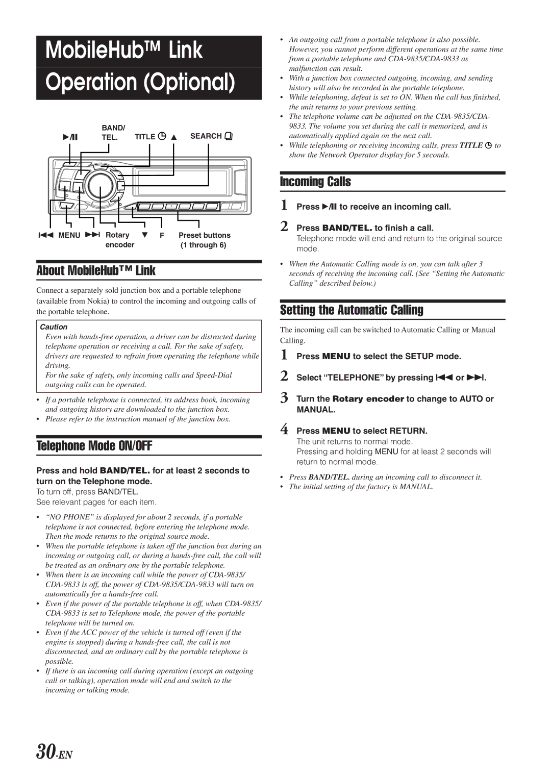 Alpine CDA-9833 owner manual Incoming Calls, 30-EN, Return to normal mode, Menu f Rotary 9 F, Encoder 