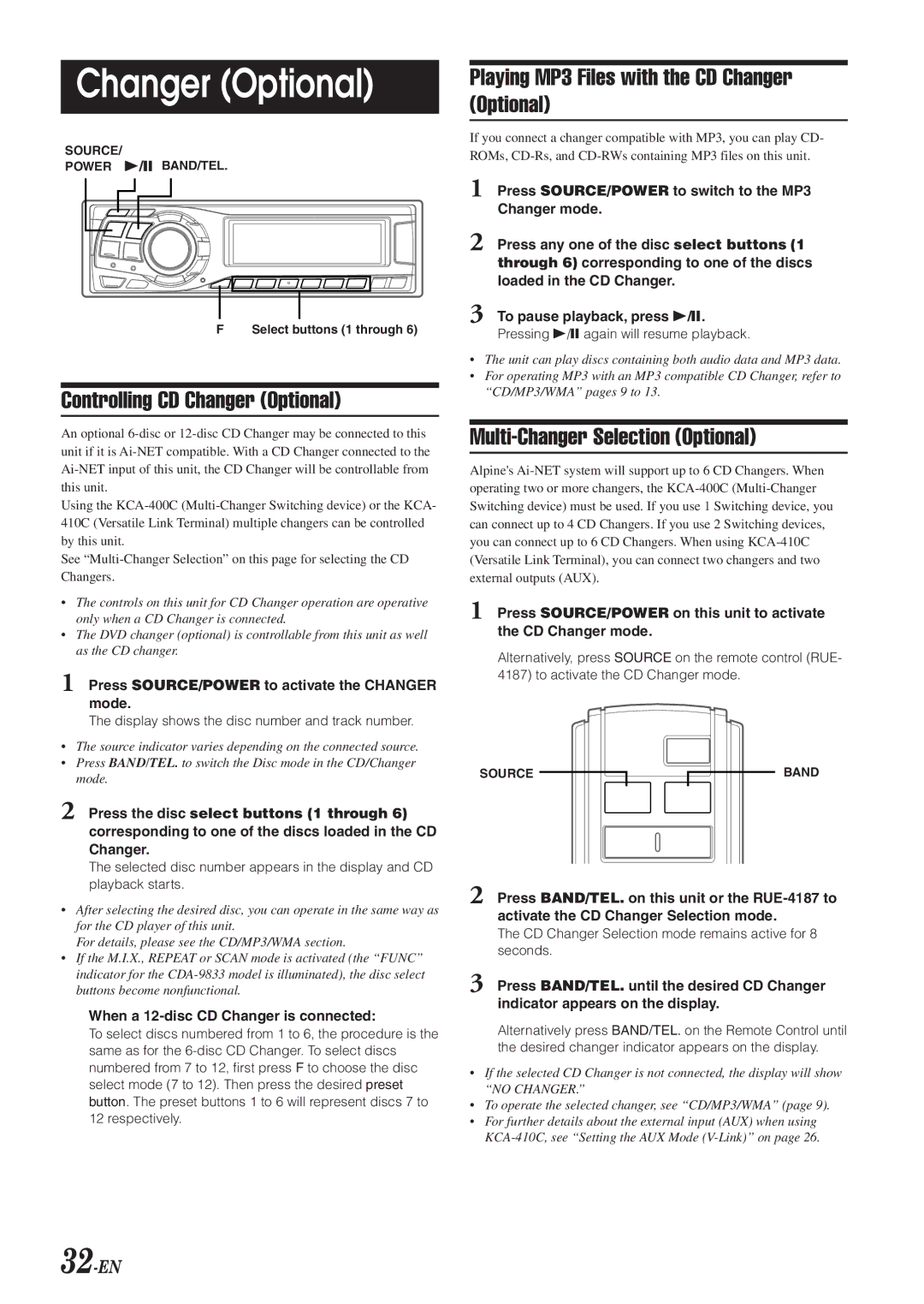 Alpine CDA-9833 owner manual Controlling CD Changer Optional, Playing MP3 Files with the CD Changer Optional, 32-EN 