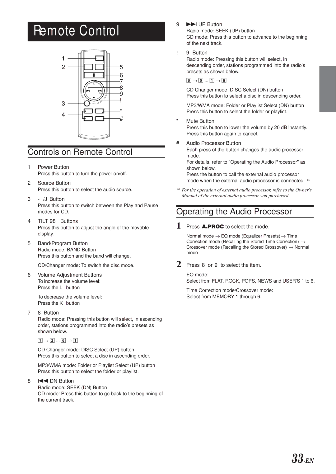 Alpine CDA-9833 owner manual Controls on Remote Control, Operating the Audio Processor, 33-EN 