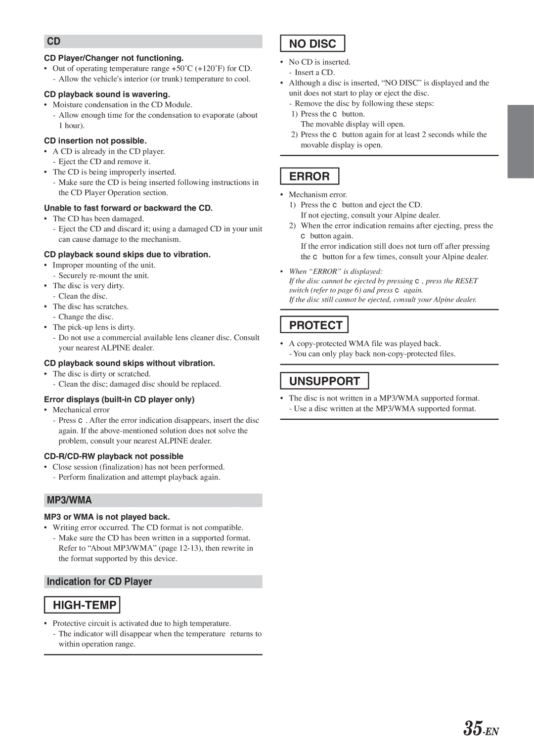 Alpine CDA-9833 owner manual Indication for CD Player, 35-EN 