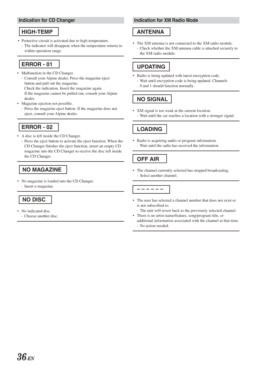 Alpine CDA-9833 owner manual Indication for CD Changer, Indication for XM Radio Mode, 36-EN 