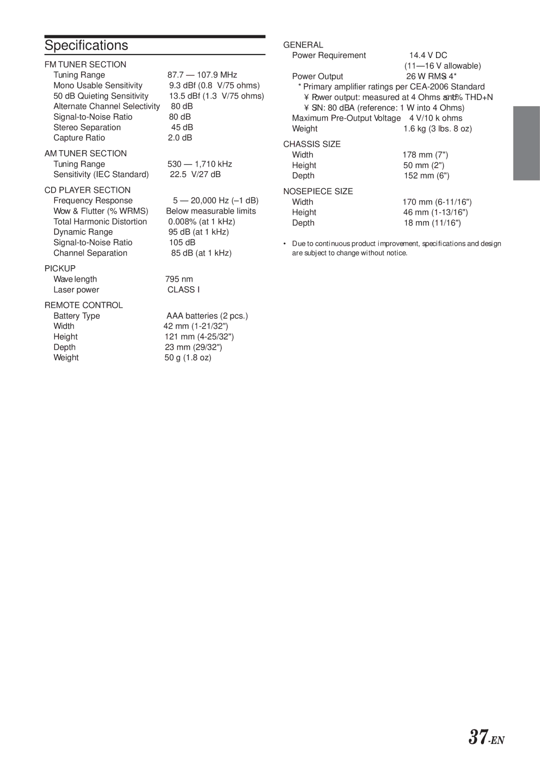 Alpine CDA-9833 owner manual Specifications, 37-EN 