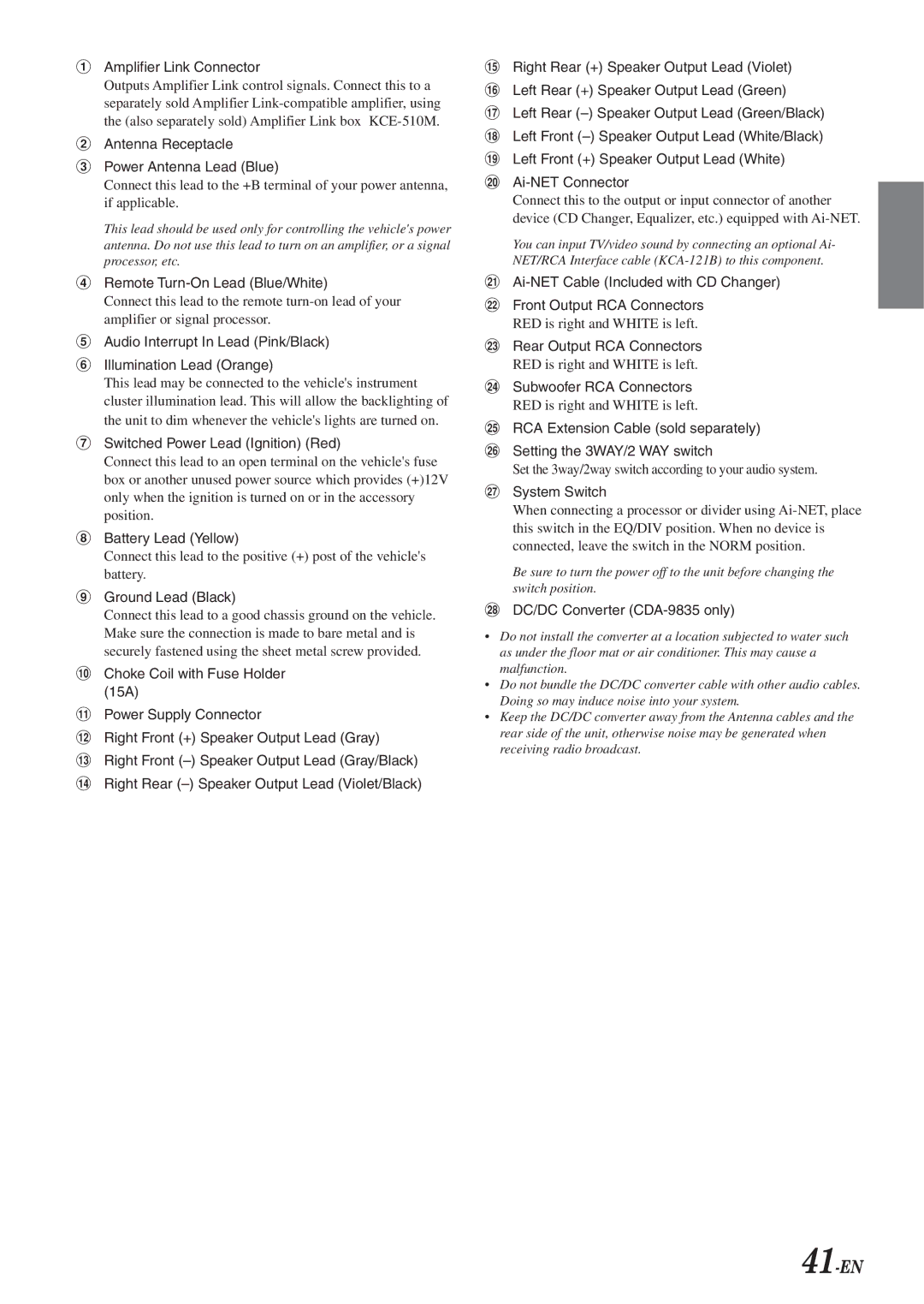 Alpine CDA-9833 owner manual 41-EN, Amplifier Link Connector 