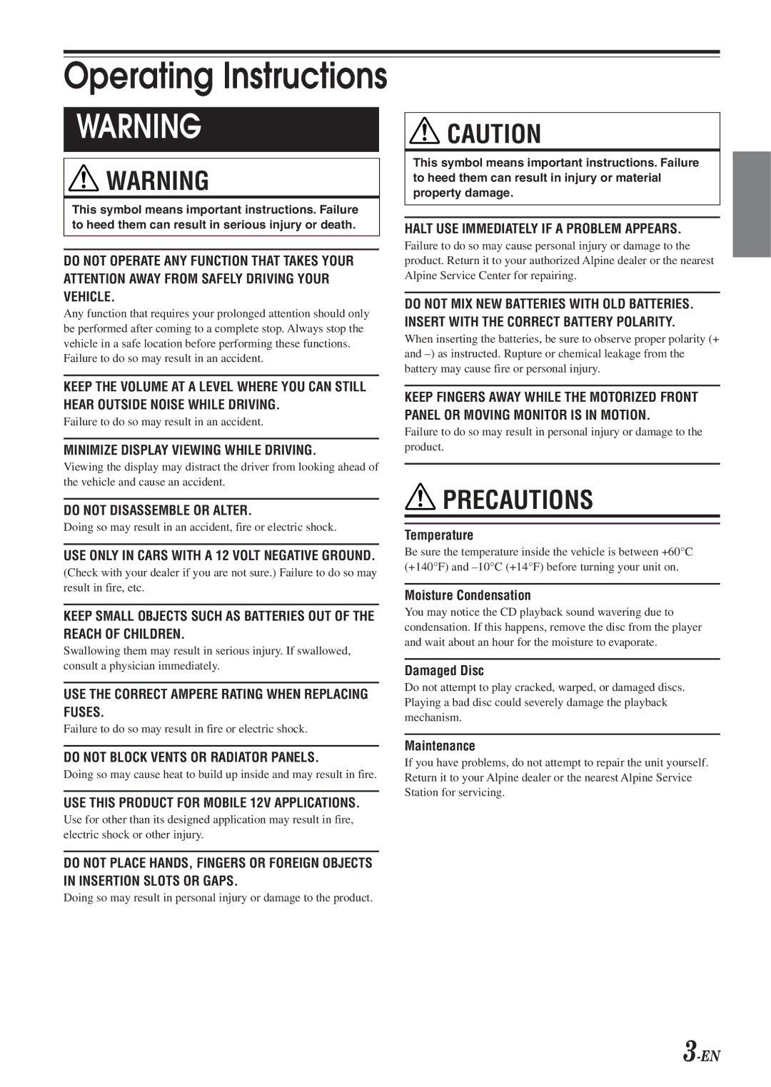 Alpine CDA-9833 owner manual Operating Instructions 