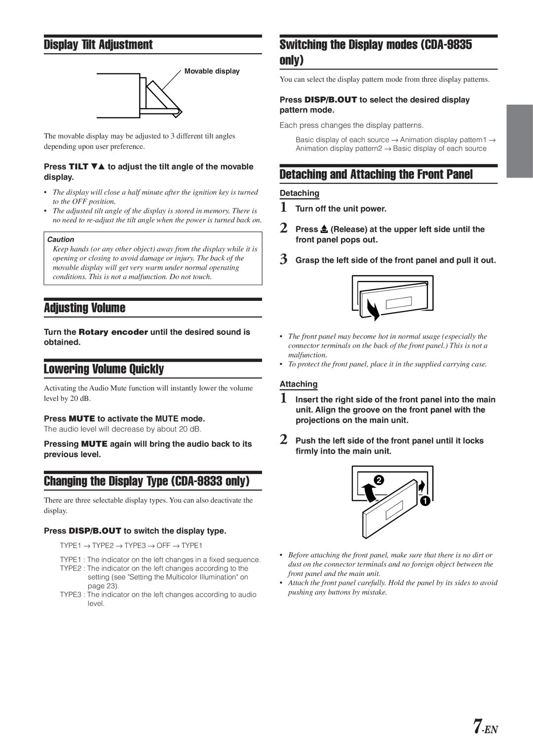 Alpine CDA-9833 owner manual Display Tilt Adjustment, Switching the Display modes CDA-9835 only, Adjusting Volume 