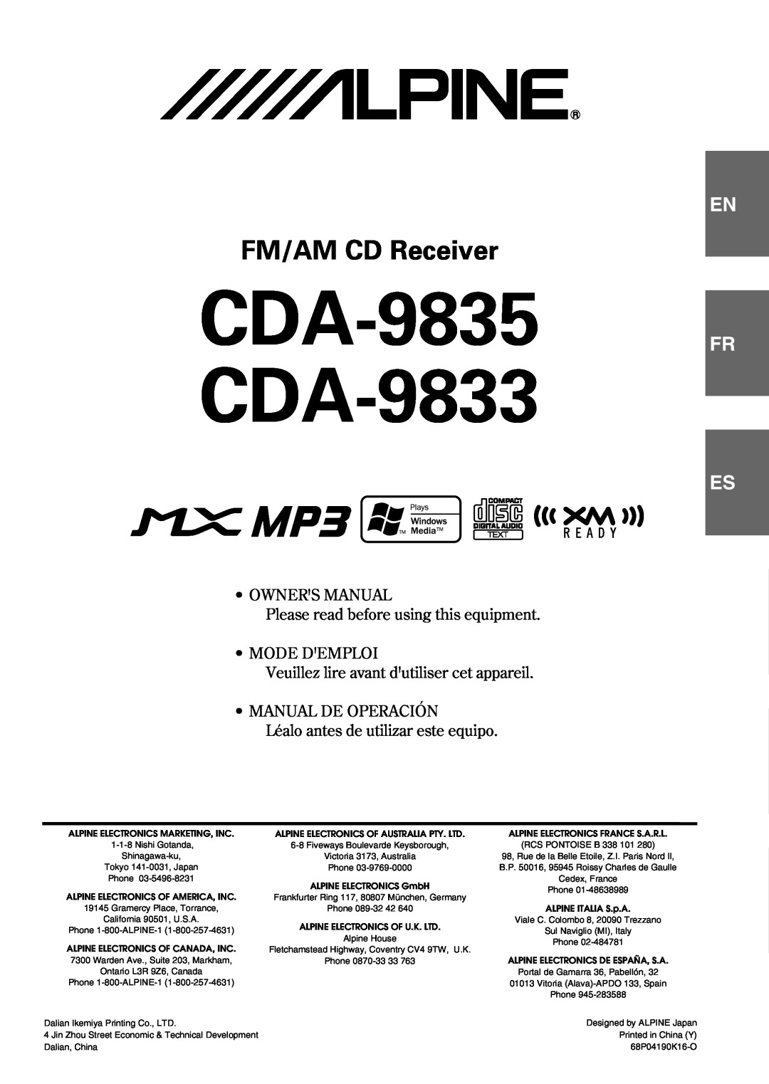 Alpine owner manual CDA-9835 CDA-9833, FM/AM CD Receiver, Es Es It, Please read before using this equipment 