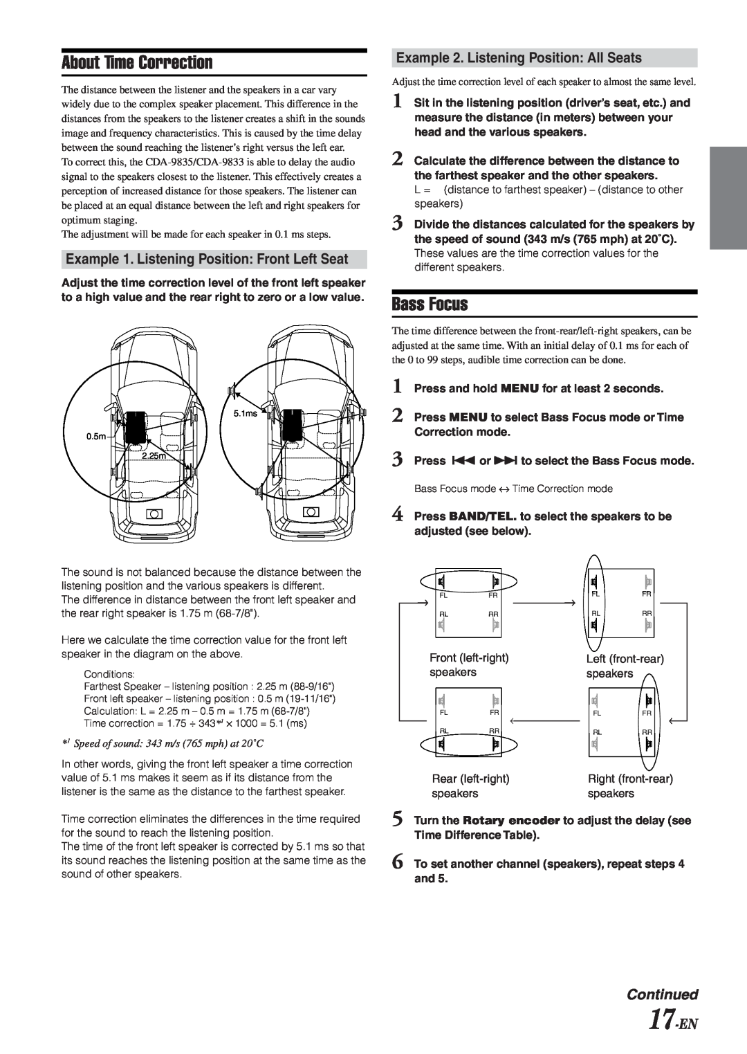 Alpine CDA-9833 owner manual About Time Correction, Bass Focus, Example 1. Listening Position Front Left Seat, 17-EN 