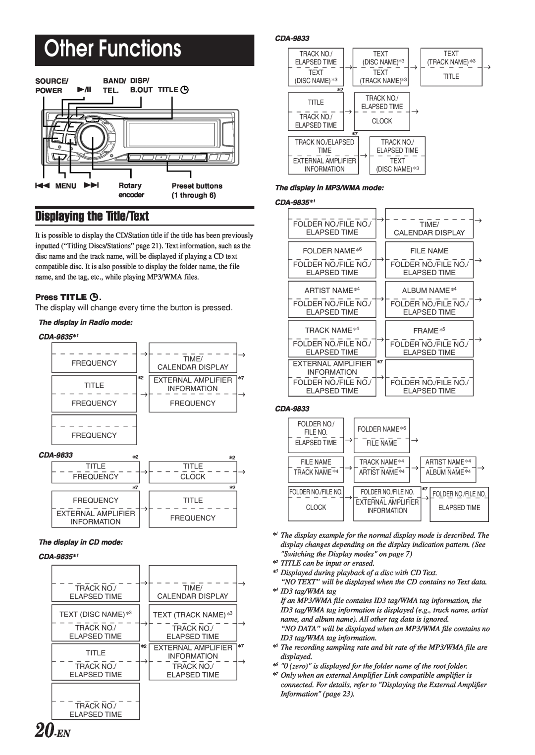 Alpine CDA-9833 owner manual Other Functions, Displaying the Title/Text, 20-EN 