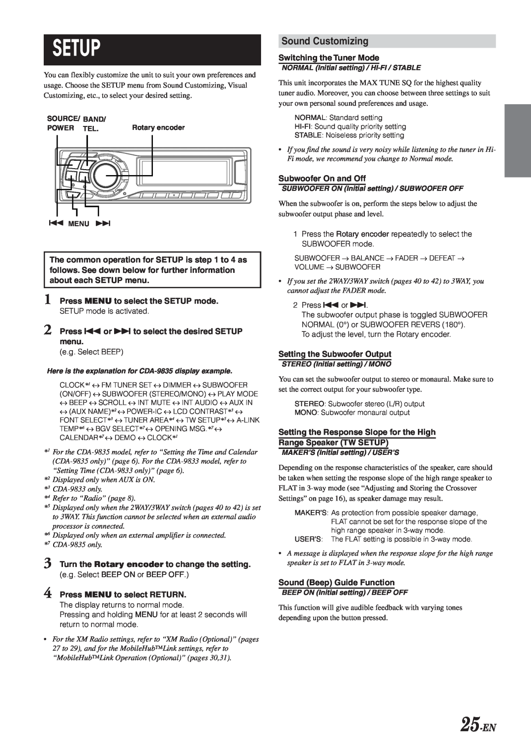 Alpine CDA-9833 owner manual Setup, Sound Customizing, 25-EN 