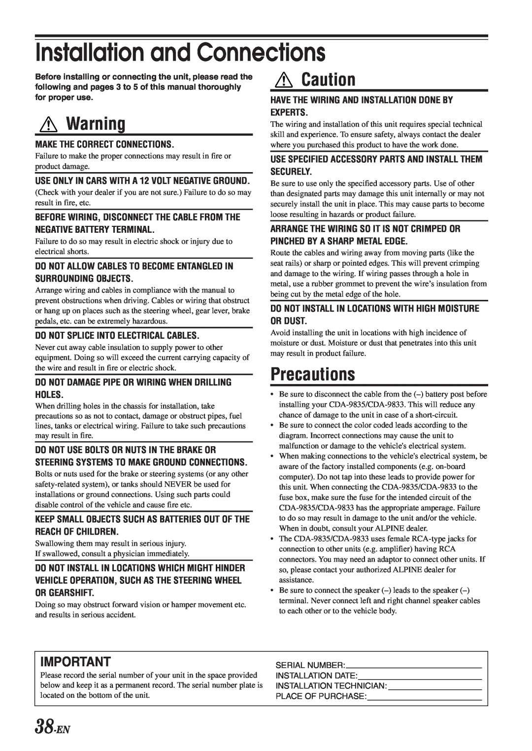 Alpine CDA-9833 owner manual Precautions, 38-EN, Installation and Connections 
