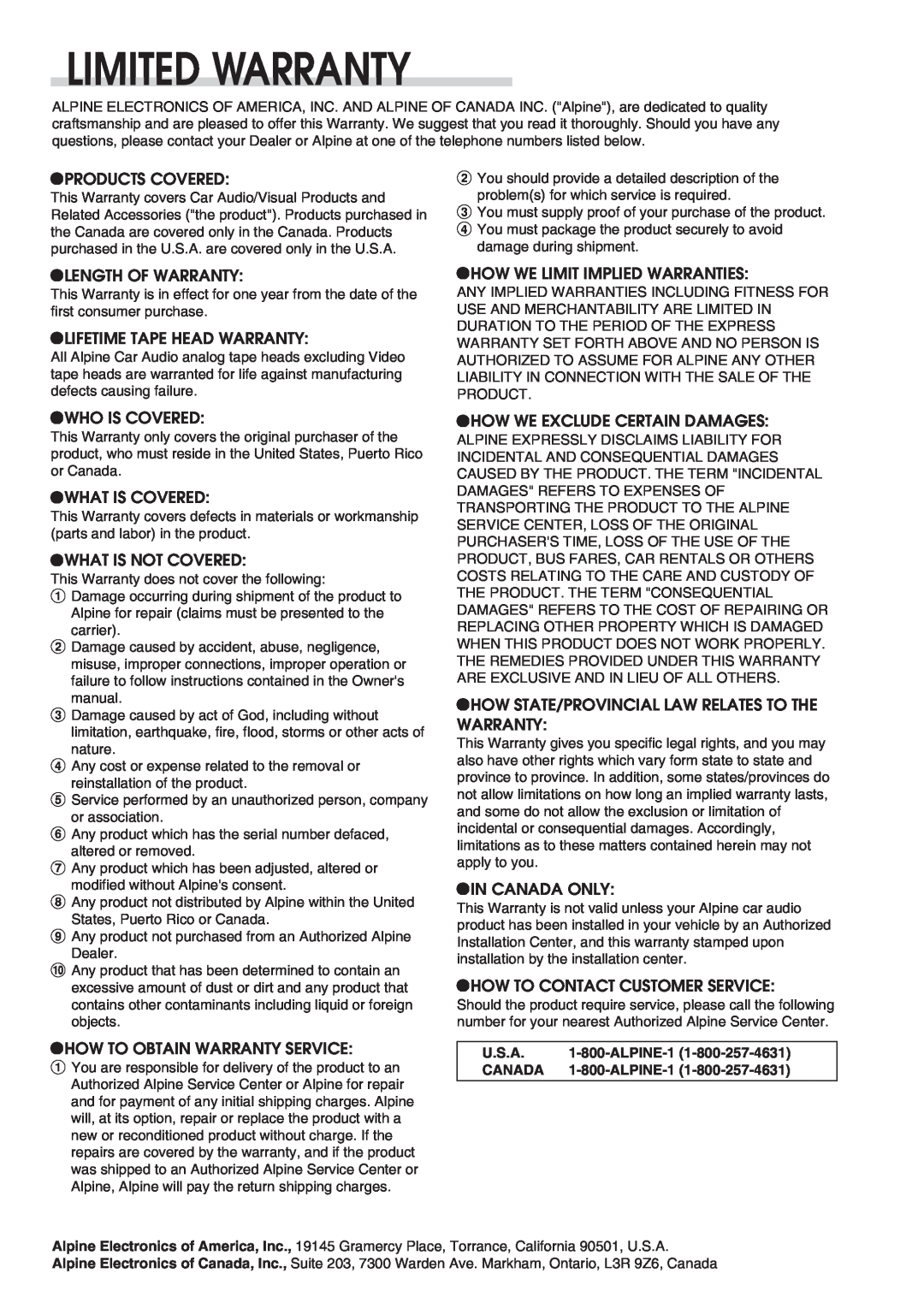 Alpine CDA-9833 owner manual Limited Warranty 