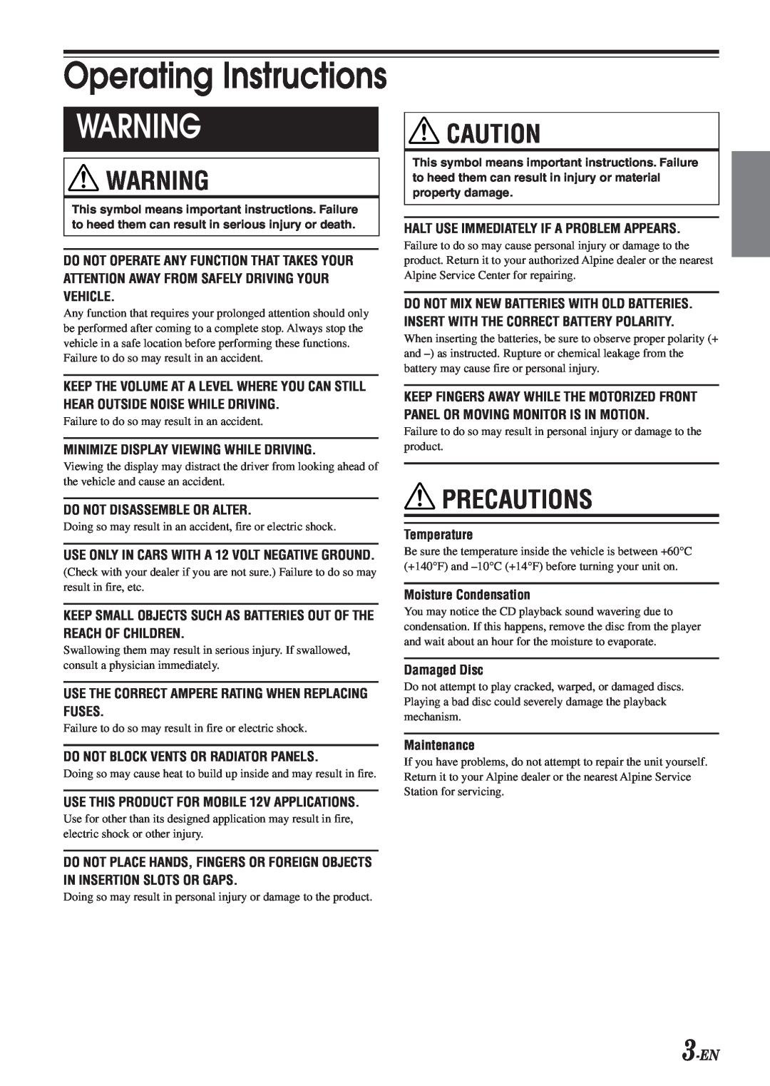 Alpine CDA-9833 owner manual Precautions, 3-EN, Operating Instructions 