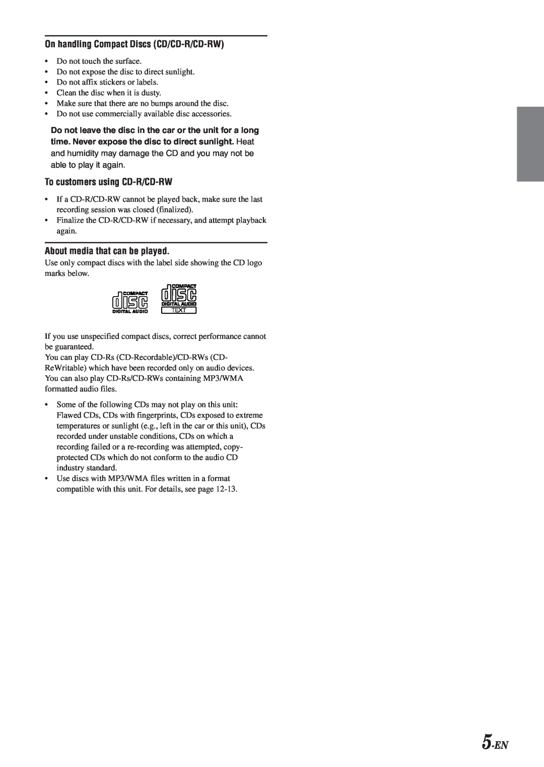 Alpine CDA-9833 owner manual 5-EN, On handling Compact Discs CD/CD-R/CD-RW, To customers using CD-R/CD-RW 