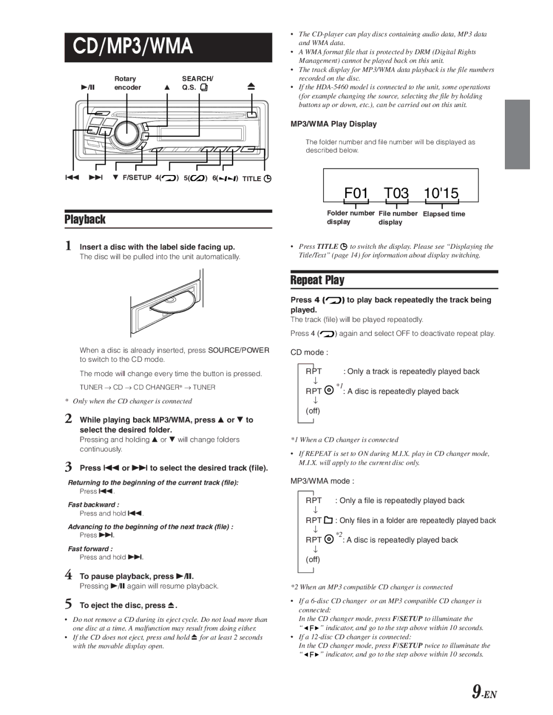 Alpine CDA-9847 owner manual Playback, Repeat Play 