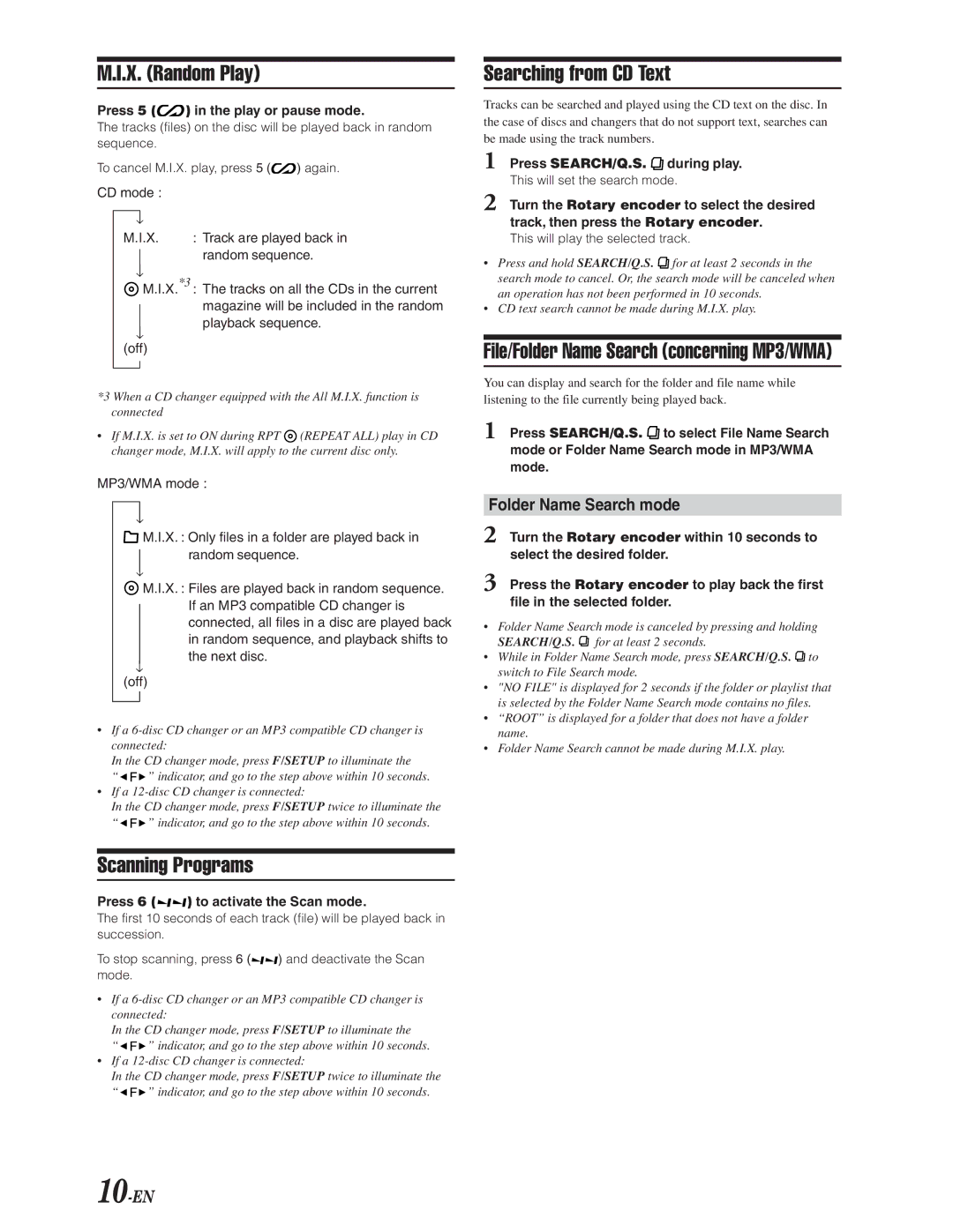 Alpine CDA-9847 owner manual X. Random Play, Searching from CD Text, Scanning Programs, Folder Name Search mode, 10-EN 