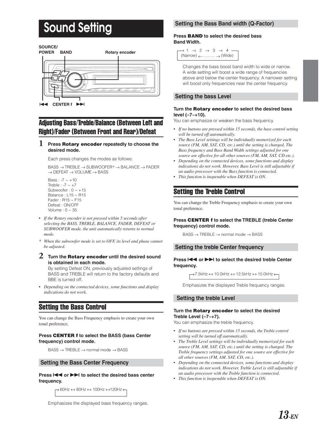 Alpine CDA-9847 owner manual Sound Setting, Setting the Bass Control, Setting the Treble Control 