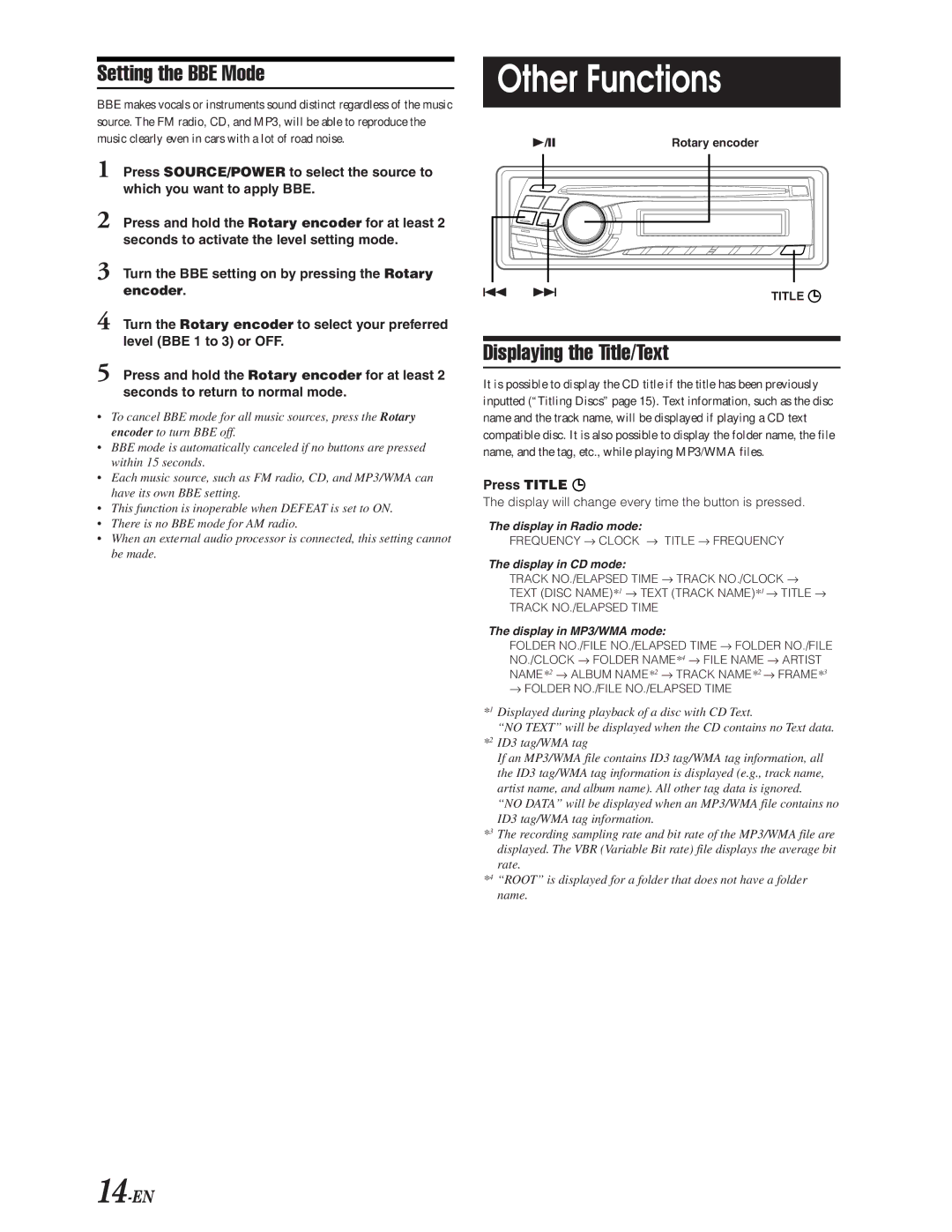 Alpine CDA-9847 owner manual Other Functions, Setting the BBE Mode, Displaying the Title/Text, 14-EN, Press Title 