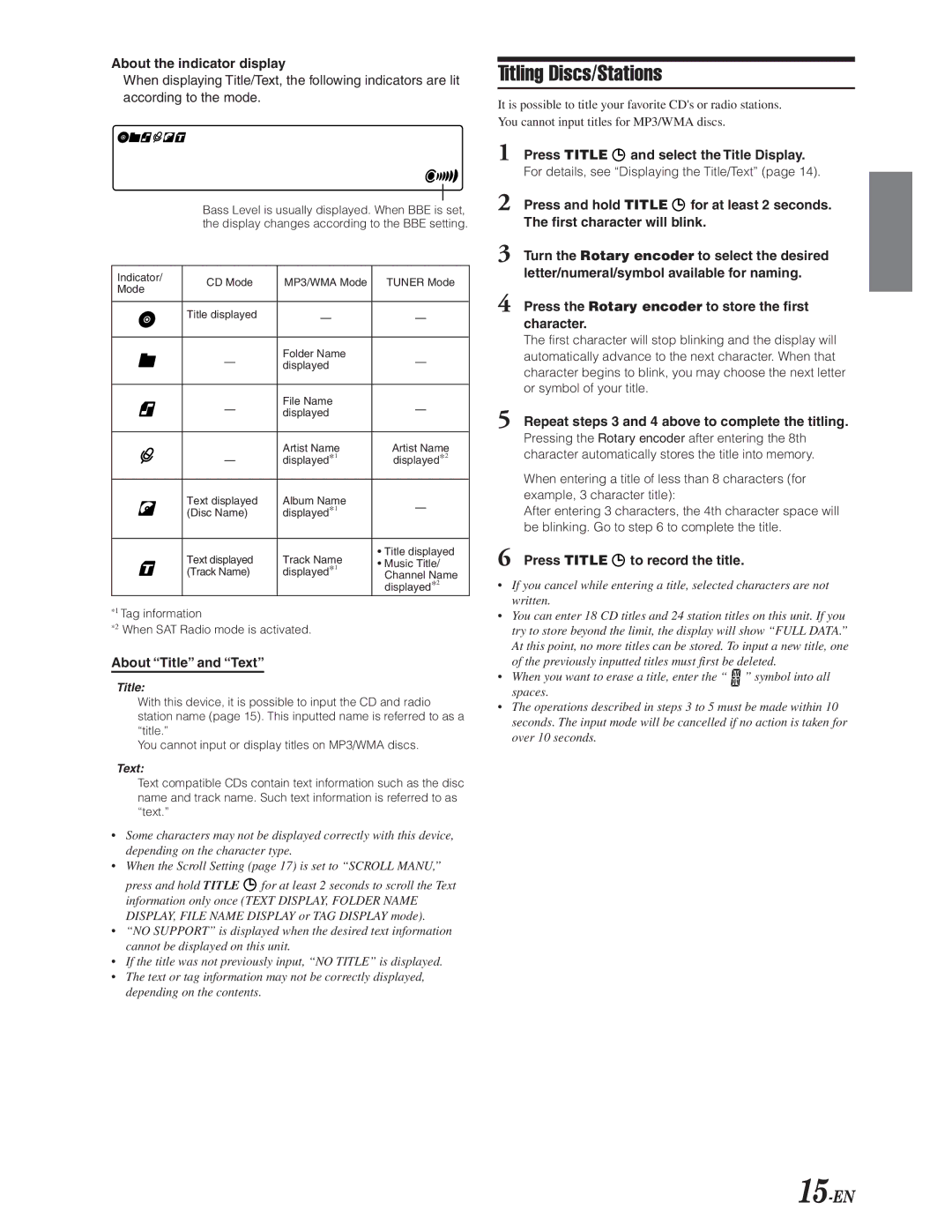 Alpine CDA-9847 owner manual Titling Discs/Stations, 15-EN 