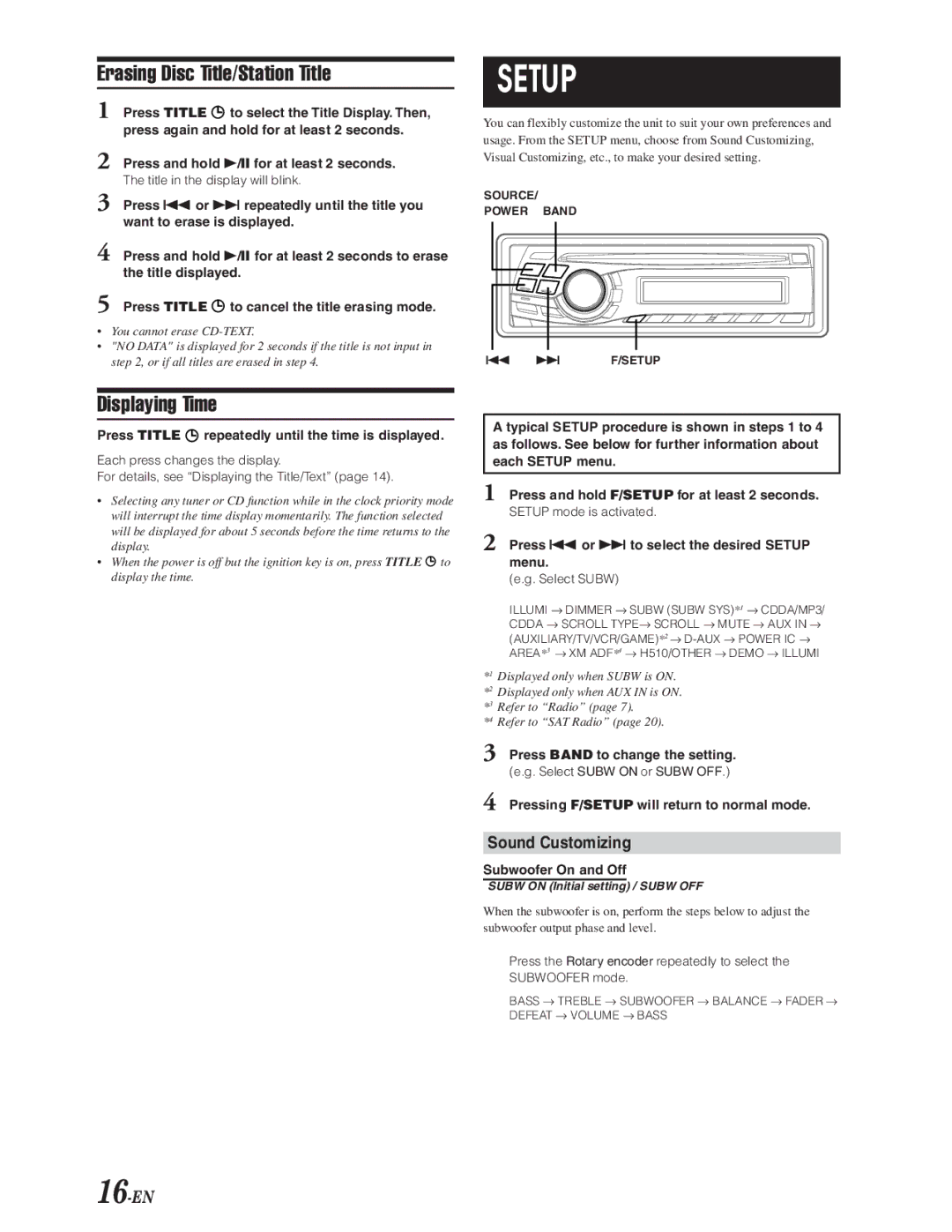 Alpine CDA-9847 owner manual Erasing Disc Title/Station Title, Displaying Time, Sound Customizing, 16-EN 