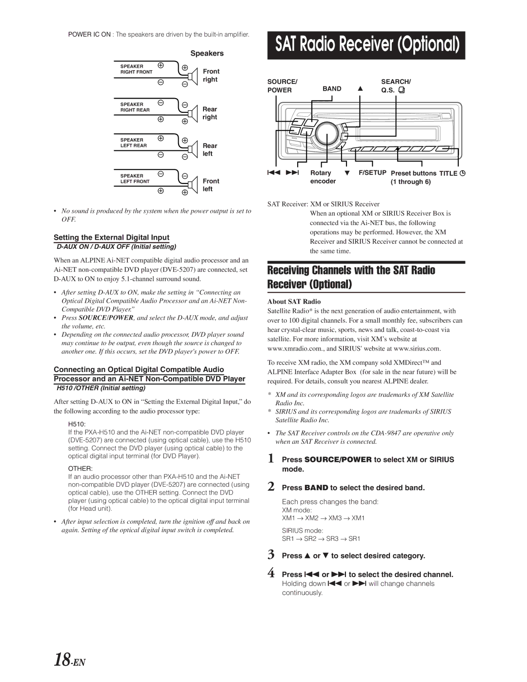 Alpine CDA-9847 owner manual Receiving Channels with the SAT Radio Receiver Optional, 18-EN, Speakers 