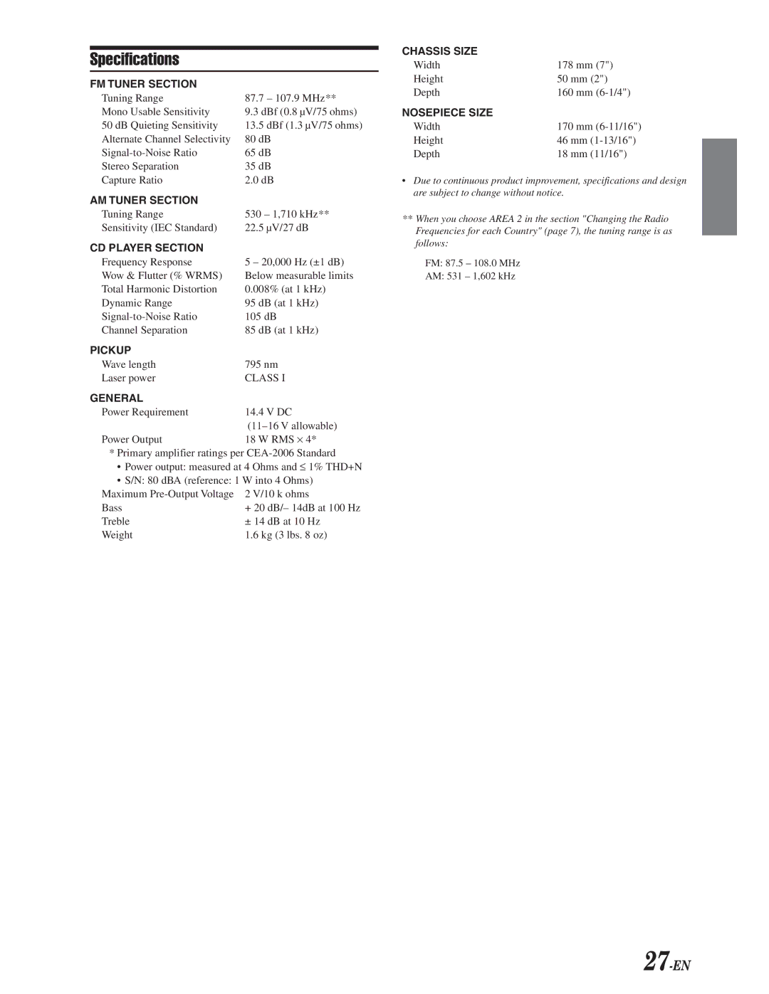 Alpine CDA-9847 owner manual Specifications, 27-EN 