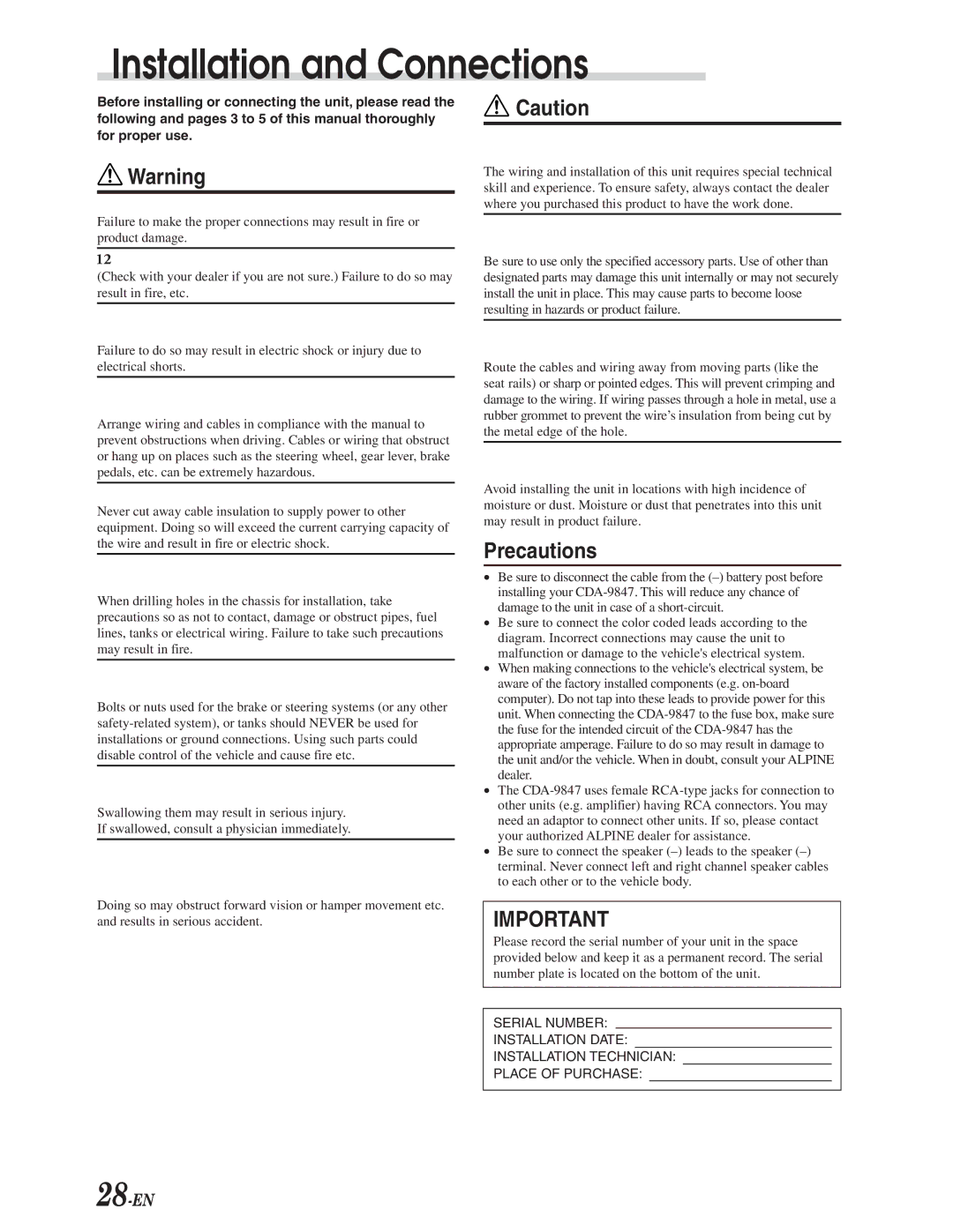 Alpine CDA-9847 owner manual Installation and Connections, 28-EN 