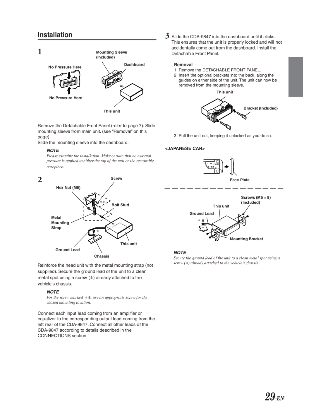 Alpine CDA-9847 owner manual 29-EN, Removal, Pull the unit out, keeping it unlocked as you do so 